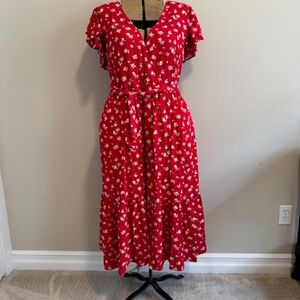 Ava & Viv Red Floral Flutter Short Sleeve Tiered Midi Wrap Dress